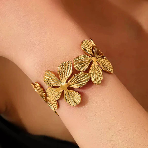 Gold Plated Anti Tarnish Stainless Steel Floral Themed Cuff Bracelet