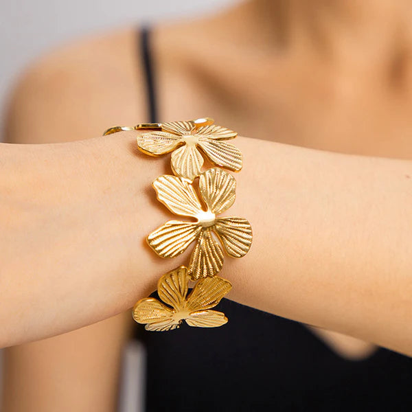 Gold Plated Anti Tarnish Stainless Steel Floral Themed Cuff Bracelet