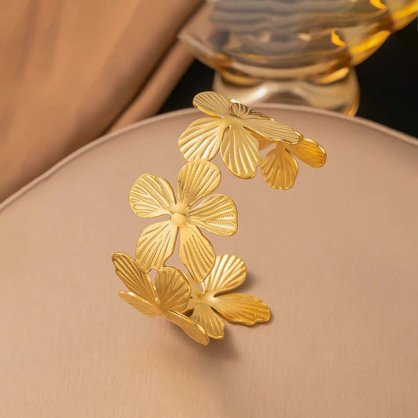 Gold Plated Anti Tarnish Stainless Steel Floral Themed Cuff Bracelet