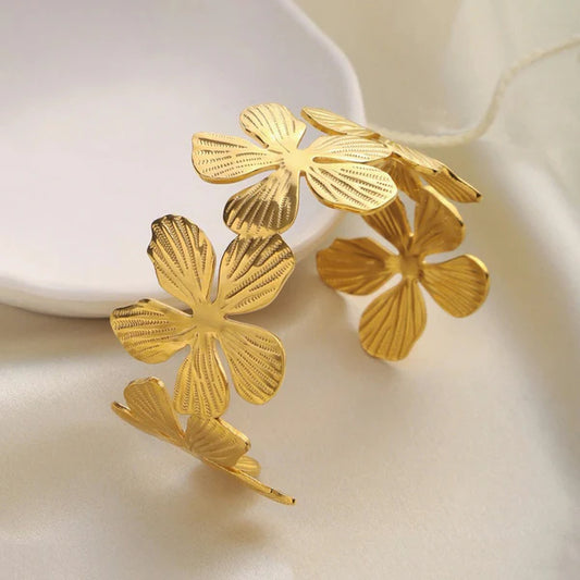 Gold Plated Anti Tarnish Stainless Steel Floral Themed Cuff Bracelet